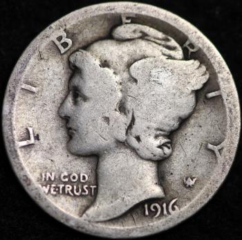 Image of 1916-P / MERCURY DIME / CIRCULATED GRADE GOOD / VERY GOOD 90% SILVER COIN