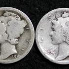 Image of 1916 MERCURY DIME / FULL SET OF 3 COINS P + S CIRCULATED GRADE GOOD / VERY GOOD