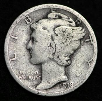 Image of 1918-P / MERCURY DIME / CIRCULATED GRADE GOOD / VERY GOOD 90% SILVER COIN