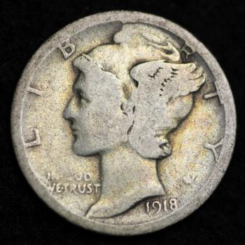 Image of 1918-S / MERCURY DIME / CIRCULATED GRADE GOOD / VERY GOOD 90% SILVER COIN