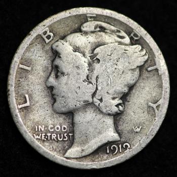 Image of 1919-D MERCURY DIME / CIRCULATED GRADE GOOD / VERY GOOD 90% SILVER COIN