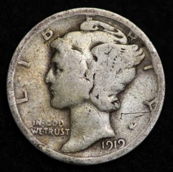 Image of 1919-S MERCURY DIME / CIRCULATED GRADE GOOD / VERY GOOD 90% SILVER COIN