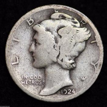 Image of 1924-D MERCURY DIME / CIRCULATED GRADE GOOD / VERY GOOD 90% SILVER COIN