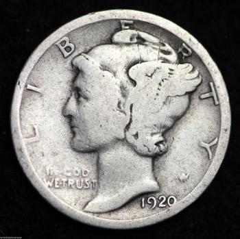 Image of 1920-P MERCURY DIME / CIRCULATED GRADE GOOD / VERY GOOD 90% SILVER COIN