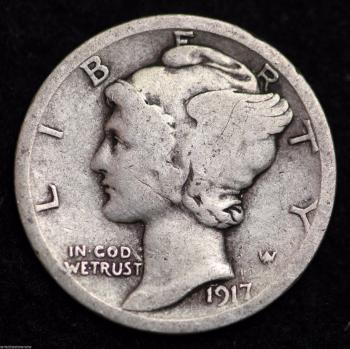 Image of 1917-P / MERCURY DIME / CIRCULATED GRADE GOOD / VERY GOOD 90% SILVER COIN